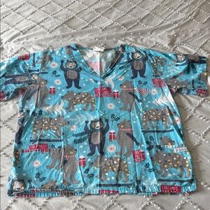 UA Scrubs Blue Bear Print Holiday Scrub Top